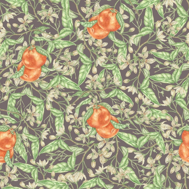 Watercolor seamless pattern with orange branches on a dark background in a vintage style