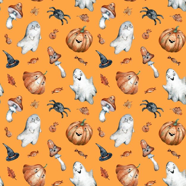 Watercolor seamless pattern with orange Halloween candies