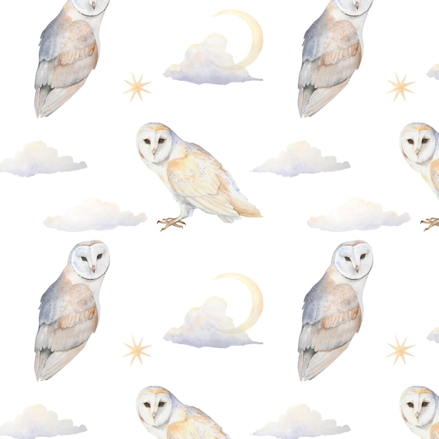 Watercolor seamless pattern with owl moon stars and clouds