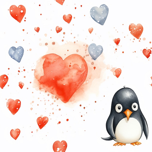 Watercolor seamless pattern with penguin and hearts