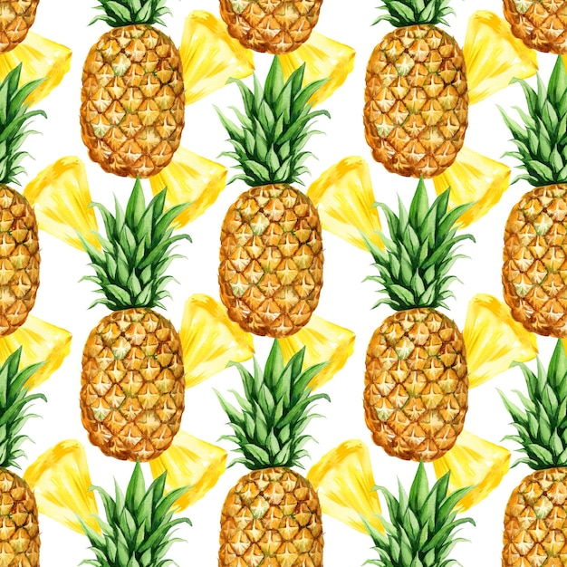 Foto modello senza cuciture ad acquerello con metà di ananas e fette di ananas maturo schizzo di frutta tropicale disegnato a mano illustrazione alimentare illustrazione isolata su sfondo bianco