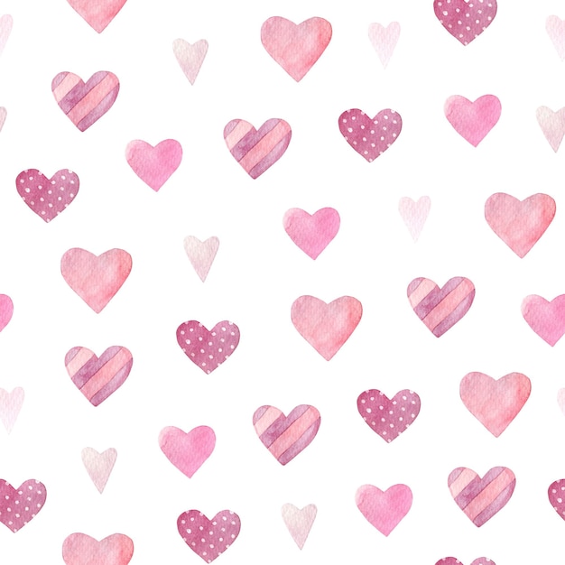 Watercolor seamless pattern with pink hearts Isolated on white background Hand drawn clipart