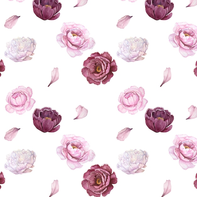 Watercolor seamless pattern with pink peony petals and peony flowers