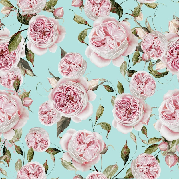 watercolor seamless pattern with pink roses and leaves
