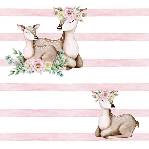 Watercolor seamless pattern with pink strips, deers and flowers. Isolated on white background.