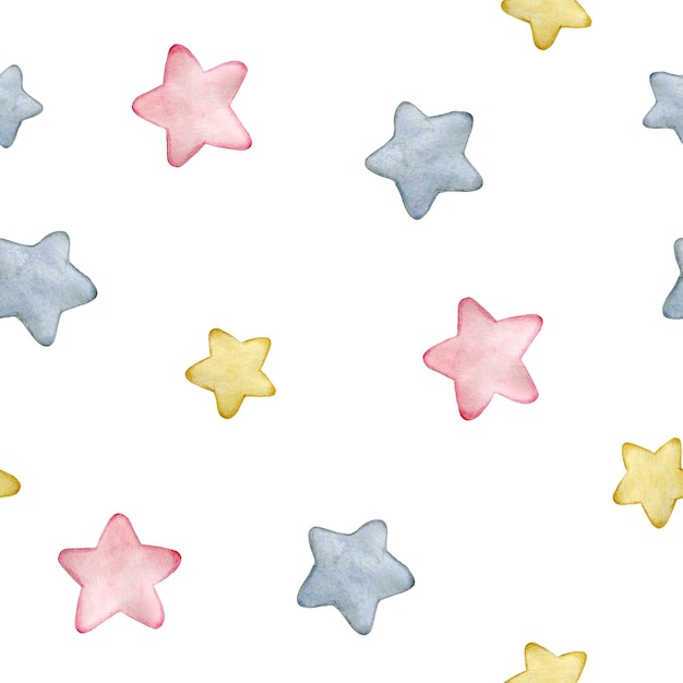 Watercolor seamless pattern with pink yellow and blue cartoon stars Hand drawn clipart isolated