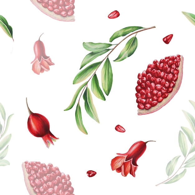 Photo watercolor seamless pattern with pomegranate seeds and flowers and leafs hand drawn realistic tasty