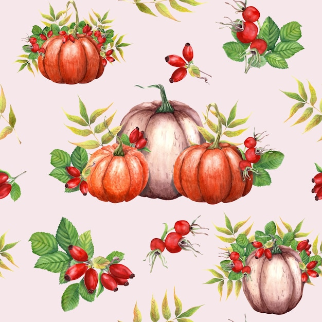 Watercolor seamless pattern with pumpkins Brier leaves and berries Autumn illustration isolated on light backround