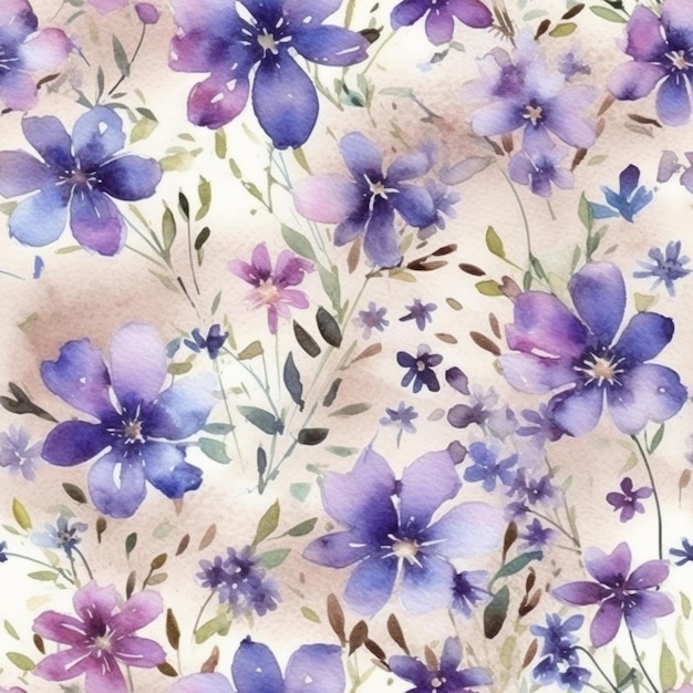 Watercolor seamless pattern with purple flowers on a white background.