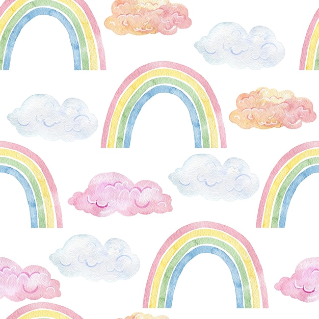 Photo watercolor seamless pattern with rainbows and clouds