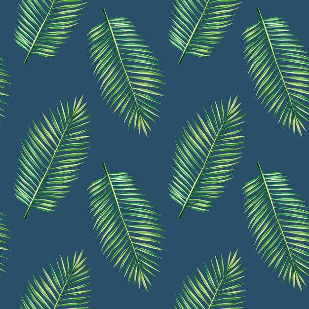 Watercolor seamless pattern with realistic tropical illustration of palm leafs isolated on white bac