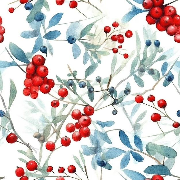 Watercolor seamless pattern with red berries on a branch.