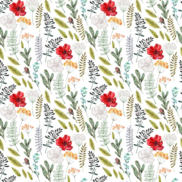 Photo watercolor seamless pattern with red flower pansies and green meadow plants