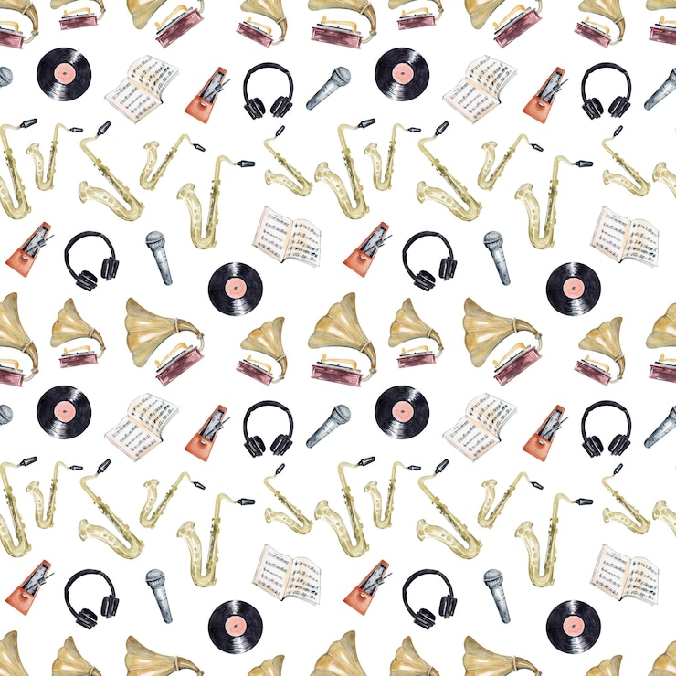 Photo watercolor seamless pattern with retro musical instruments