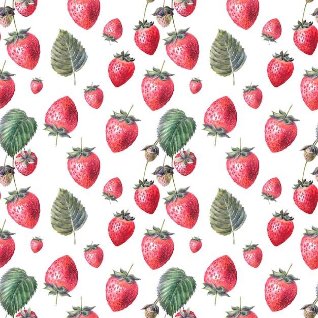 사진 잘 익은 딸기와 딸기 어린 가지 수채화 원활한 패턴
