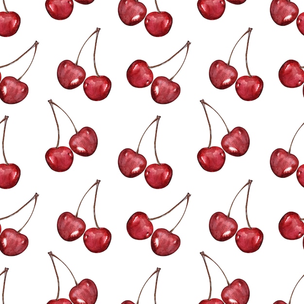 Watercolor seamless pattern with ripe cherries