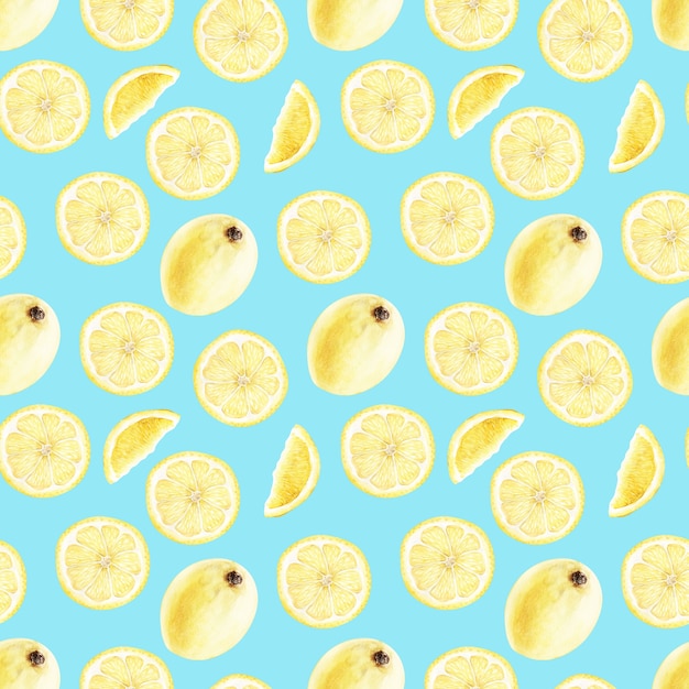 Watercolor seamless pattern with ripe yellow lemons