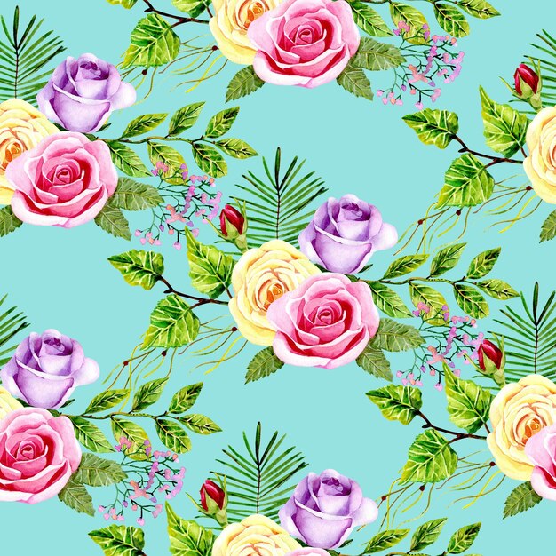 Watercolor seamless pattern with roses on the turquoise background