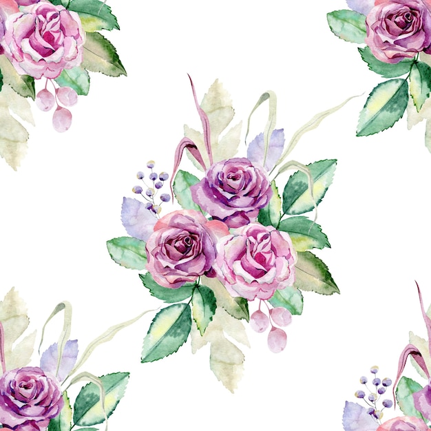 Watercolor seamless pattern with roses on the white background