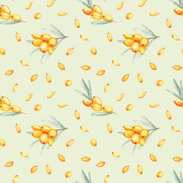 Watercolor seamless pattern with sea buckthorn
