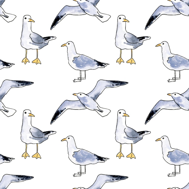 Watercolor seamless pattern with seagulls hand drawn sketch of different sea bird white and grey