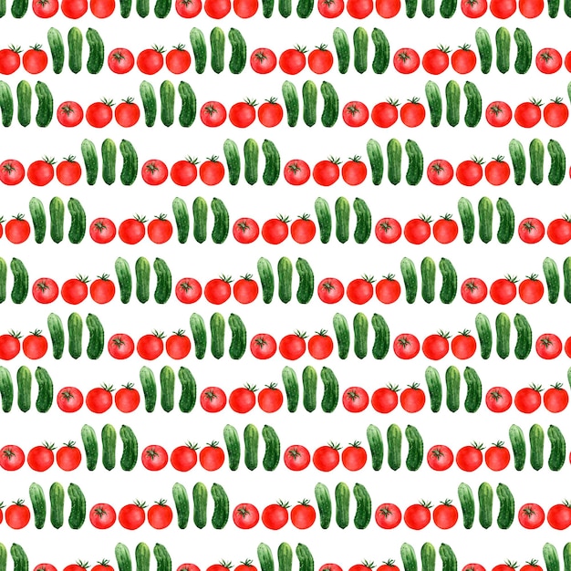 Watercolor seamless pattern with seasonal vegetables tomatoes and cucumbers