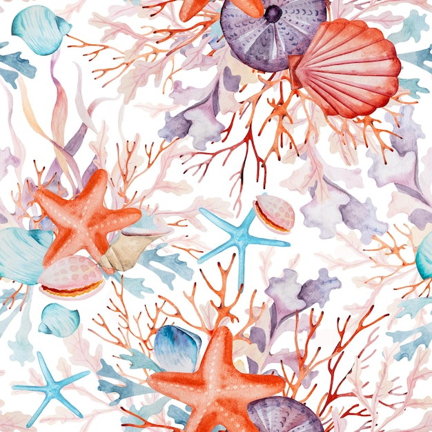 Photo watercolor seamless pattern with seaweeds corals seashells starfishes and sea urchin isolated underwater bouquet illustration for greeting cards summer beach wedding invitations