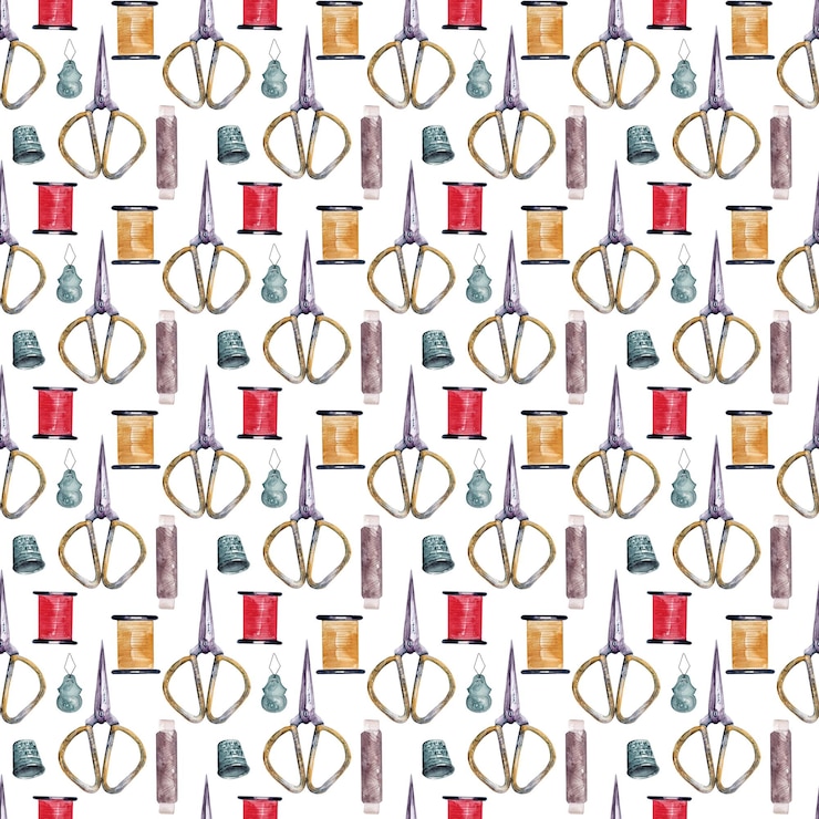 Photo watercolor seamless pattern with a set of accessories for embroidery and sewing