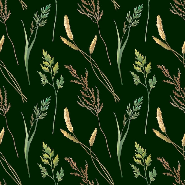 Акварельный бесшовный рисунок с силуэтами цветов и травы, нарисованный акварелью вручную f