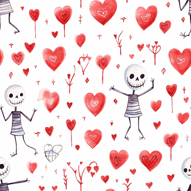 Watercolor seamless pattern with skeleton and hearts