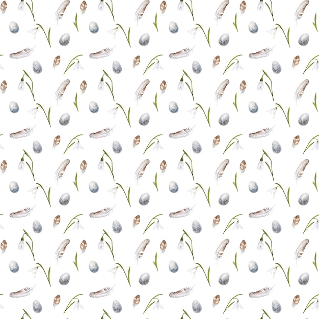 Photo watercolor seamless pattern with snowdrops bird feathers and eggs on white background