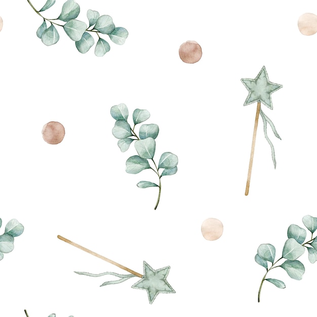 Watercolor seamless pattern with star pastel circles and eucalyptus Isolated on white