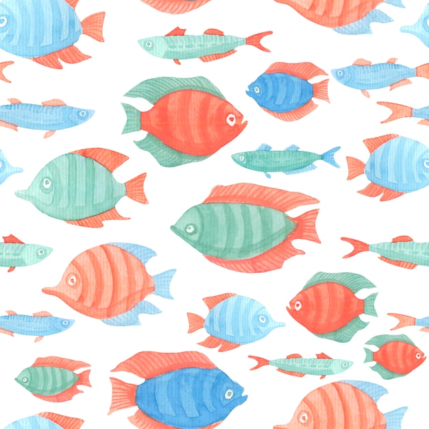 Watercolor seamless pattern with stylized fishes