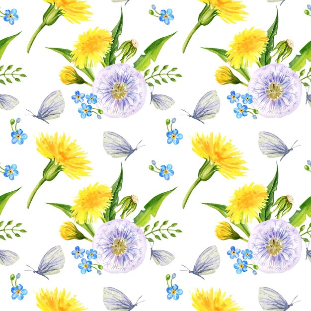 watercolor seamless pattern with summer field flowers hand draw illustration of yellow dandelions and blow balls leaves herbs butterfly and forgetmenot flower on white background