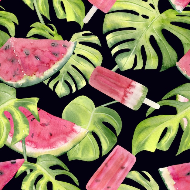 Watercolor seamless pattern with sweet juicy watermelon