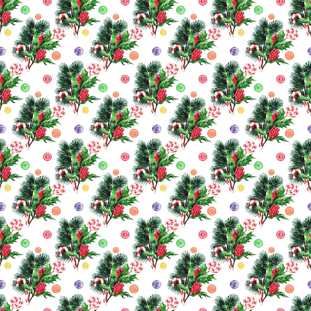 Watercolor seamless pattern with traditional New Years attributes