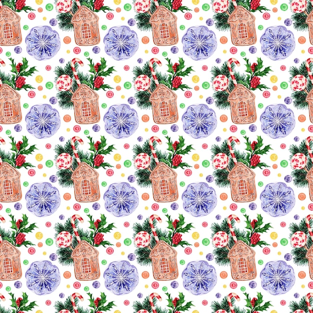 Photo watercolor seamless pattern with traditional new years attributes