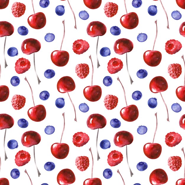 Watercolor seamless pattern with various cupcakes and ripe strawberries, blueberries, cherries and raspberries