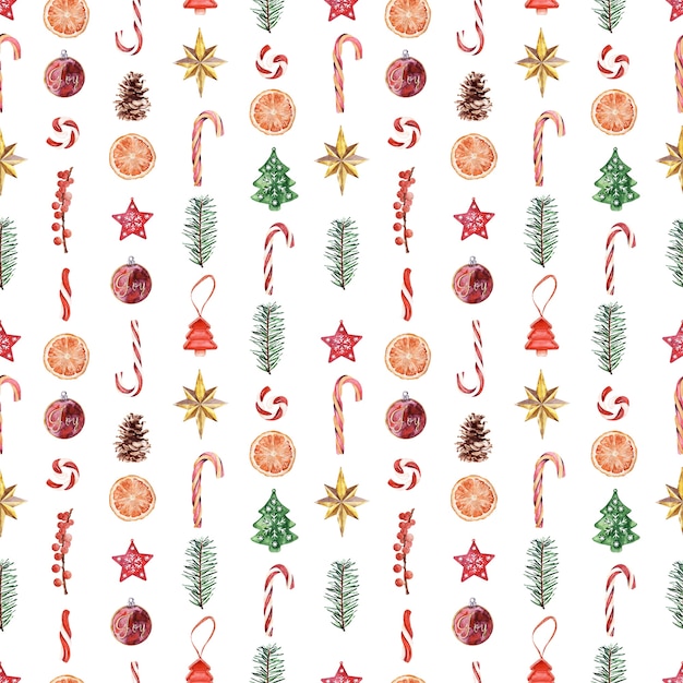 Watercolor seamless pattern with various festive attributes of new Year holidays