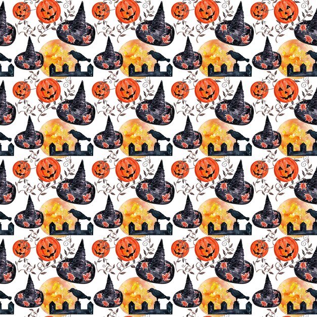 Watercolor seamless pattern with various Halloween theme elements