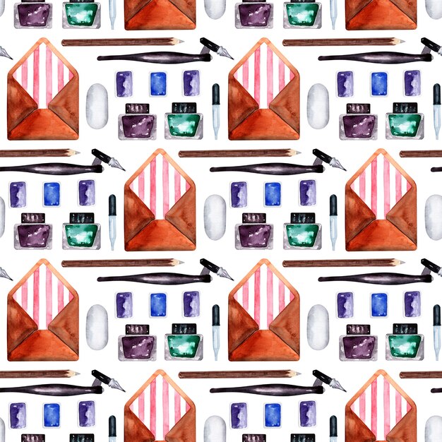 Watercolor seamless pattern with various objects of calligraphy