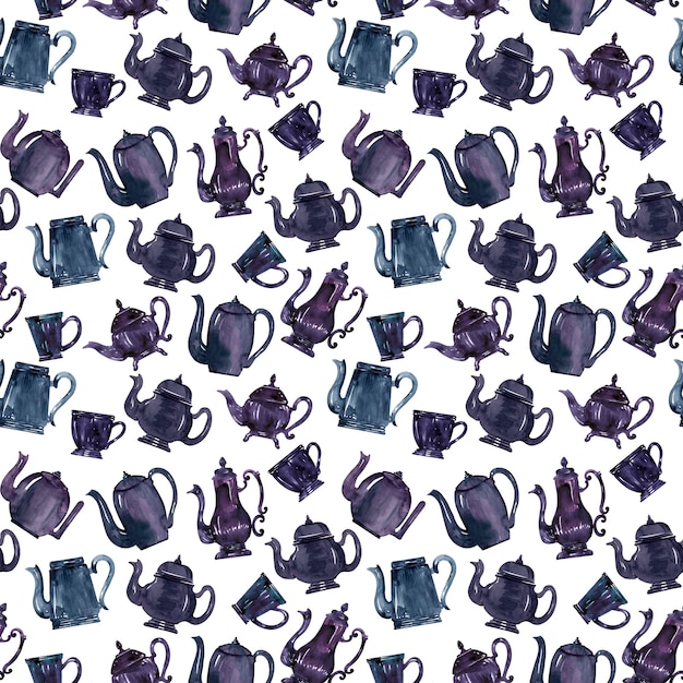 watercolor seamless pattern with various stylized teapots and cups