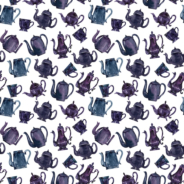 Watercolor seamless pattern with various stylized teapots and cups