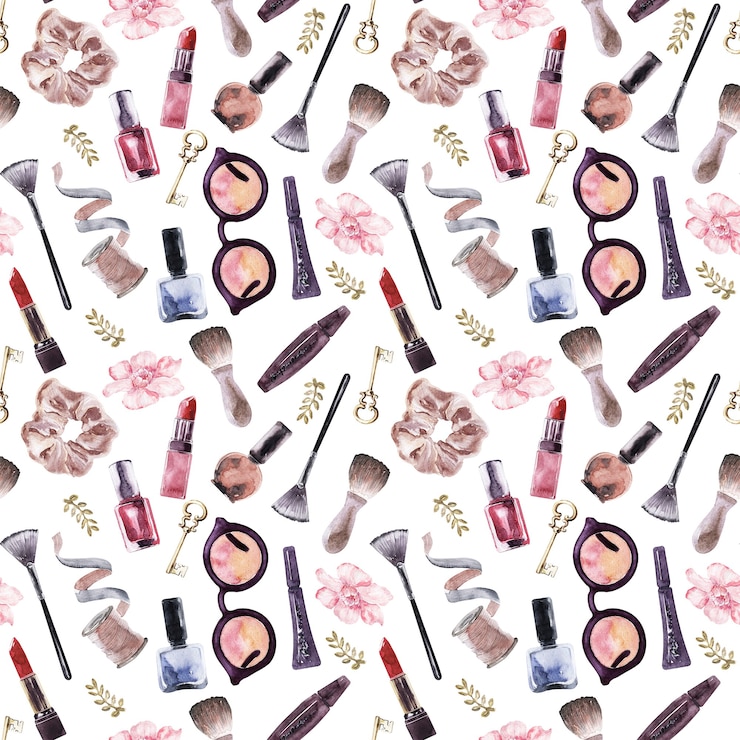 Photo watercolor seamless pattern with various women's accessories