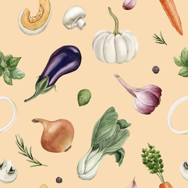 Watercolor seamless pattern with vegetables on light pink background For design fabric wrapping