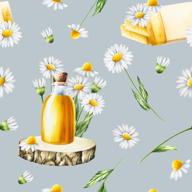 Watercolor seamless pattern with white daisy flowers illustration and oil glass bottle with cork cap
