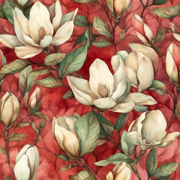 Watercolor seamless pattern with white magnolia flowers on a red background. watercolor. illustration.