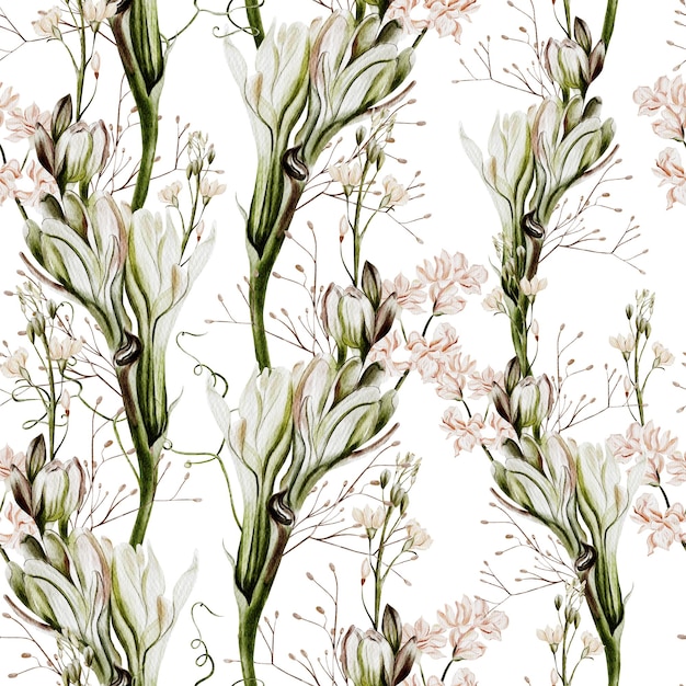 Photo watercolor seamless pattern with wild flowers