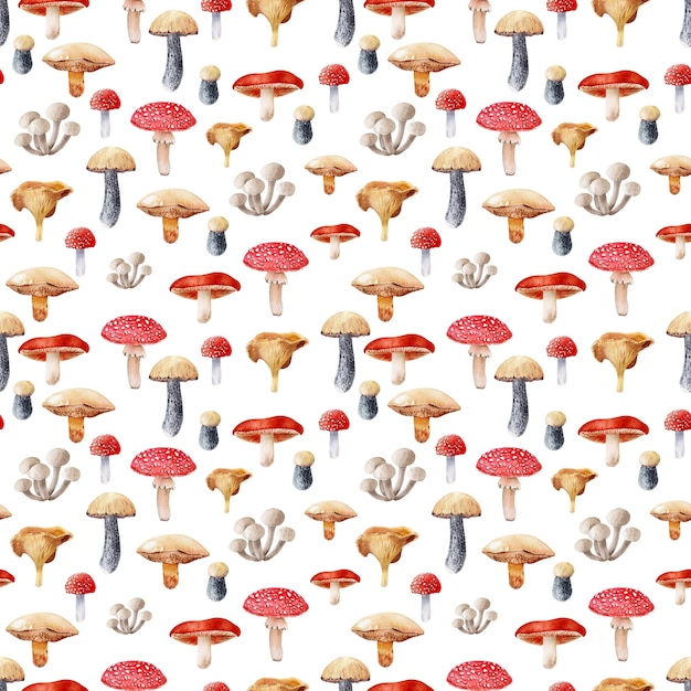 Watercolor seamless pattern with wild mushrooms