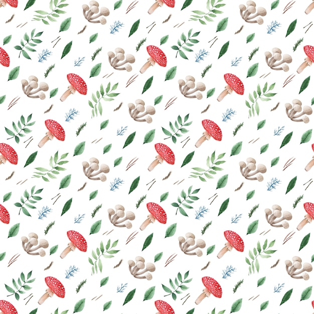 Watercolor seamless pattern with wild mushrooms